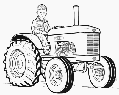 Színező egy kisfiúval egy régi traktor kormányánál, nagy hátsó kerekekkel